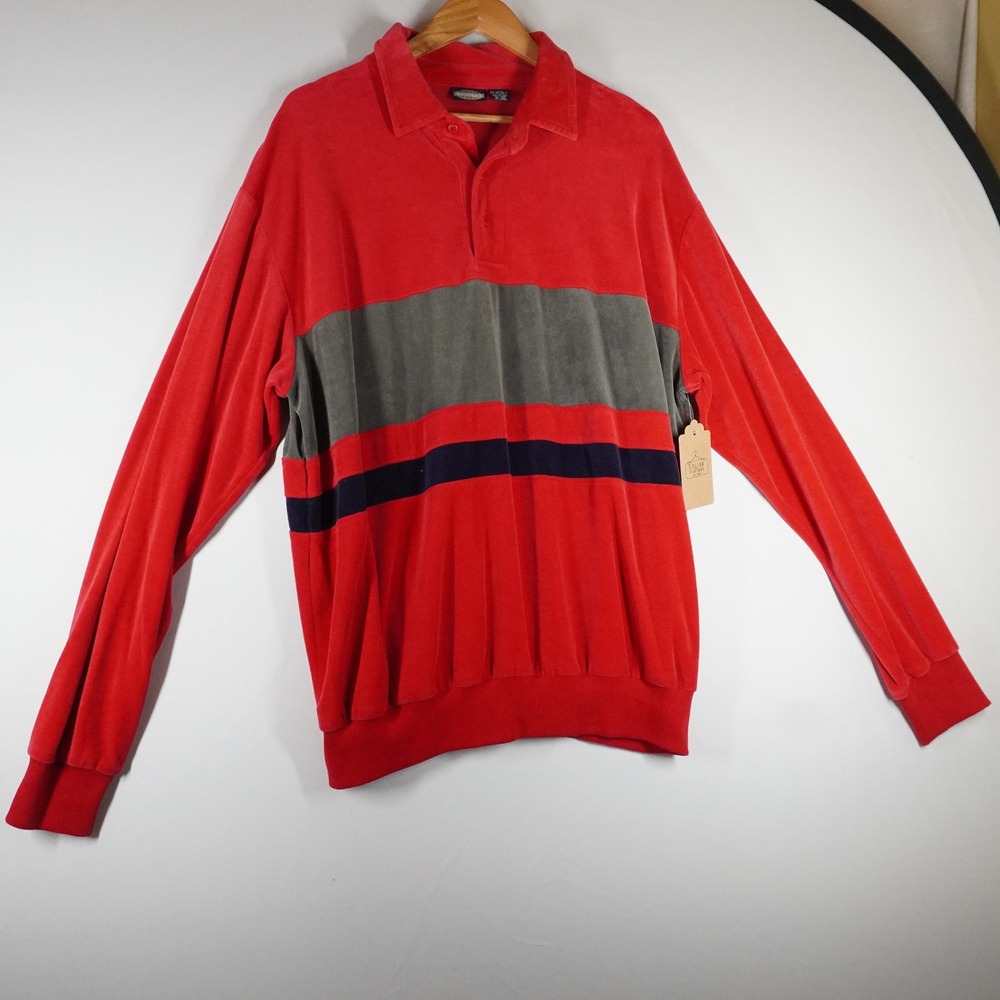 VTG Towncraft Velour Polo Shirt Mens XL Red 80s Striped Henley Colorblock Plush